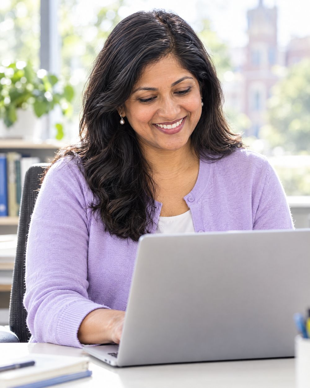 A catalog coordinator in a lavender cardigan smiles at her laptop.