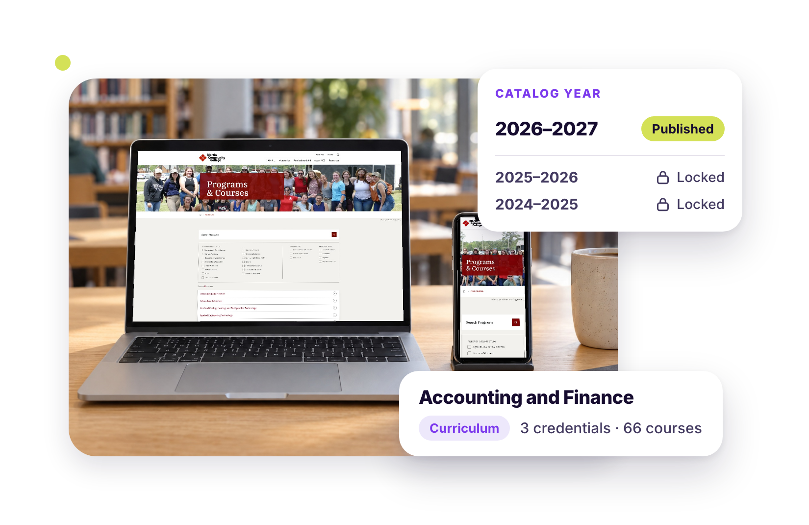 A laptop and phone showing a community college Programs & Courses catalog, with Kenii cards for the published 2026-2027 catalog year, two locked past years, and the Accounting and Finance program with 3 credentials and 66 courses.