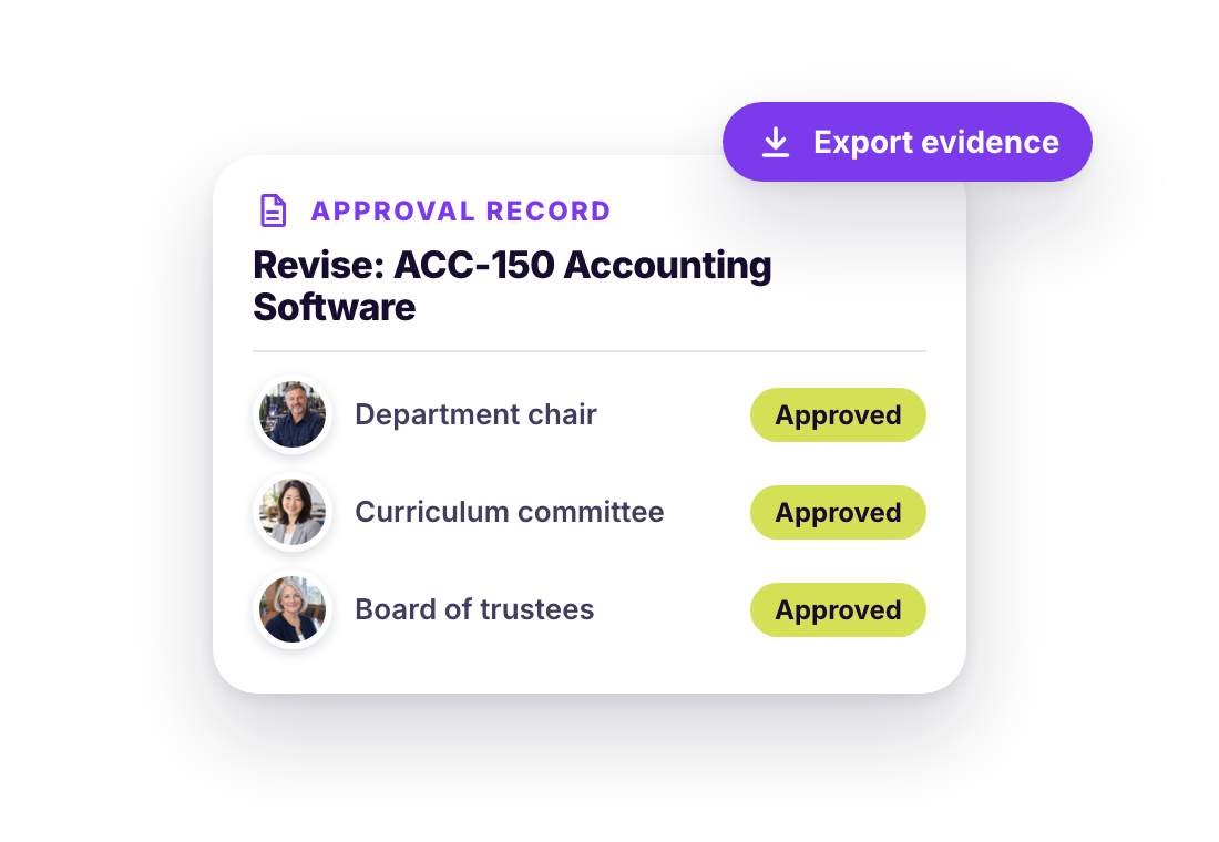Kenii approval record for revising ACC-150 Accounting Software, approved by the department chair, the curriculum committee and the board of trustees, with an Export evidence button for accreditation.