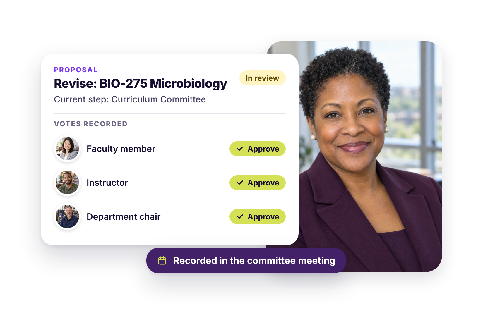 A college leader beside a Kenii proposal to revise BIO-275 Microbiology, in review at the curriculum committee, with approve votes from a faculty member, an instructor and the department chair, recorded in the committee meeting.
