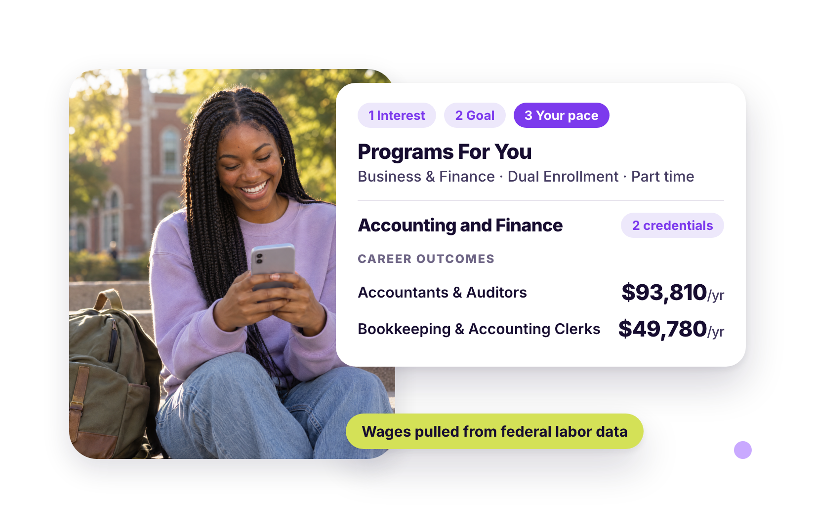 A smiling student on her phone beside Kenii Compass results for Business & Finance, Dual Enrollment, part time: Accounting and Finance, with ,810 a year for accountants and auditors and ,780 for bookkeeping clerks, wages pulled from federal labor data.