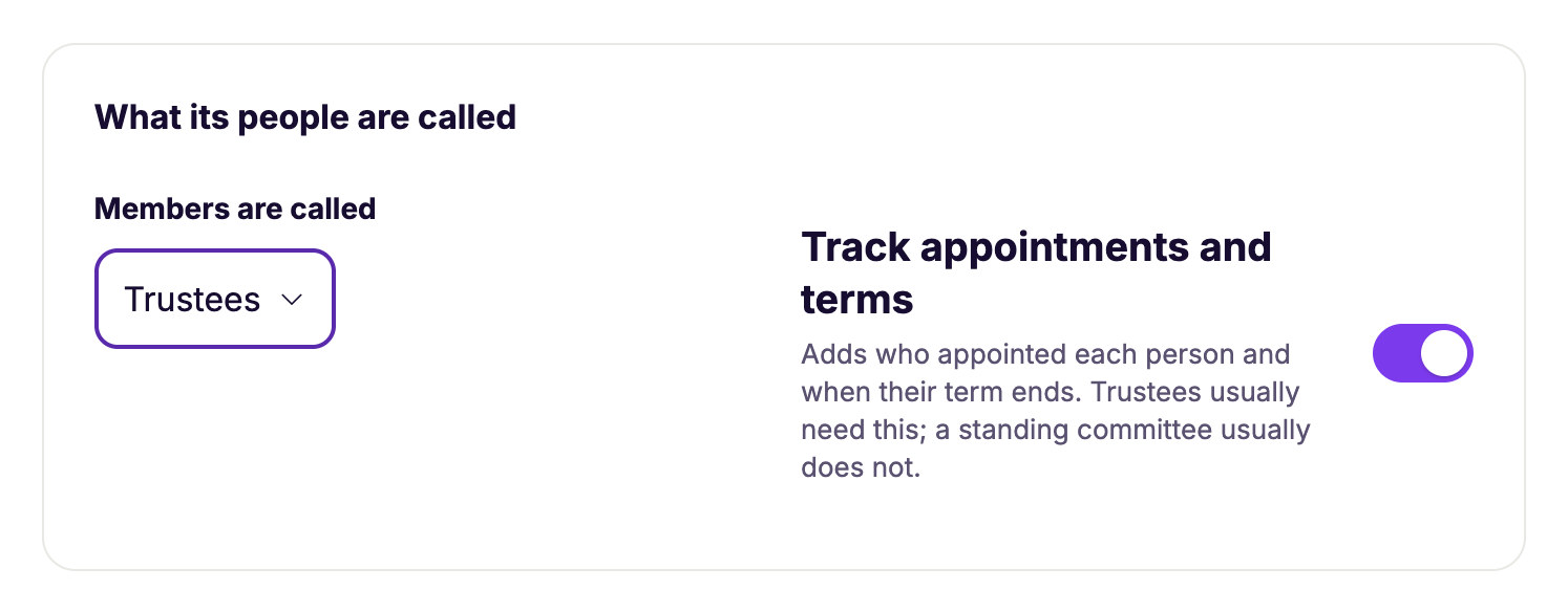 Kenii Board settings for what members are called, set to Trustees, with a switch to track appointments and terms.