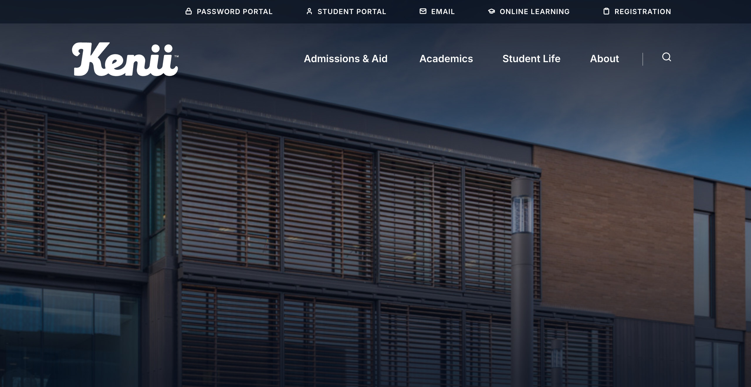 A college website homepage built on Kenii, with a campus building photo under the college's own logo and menu.