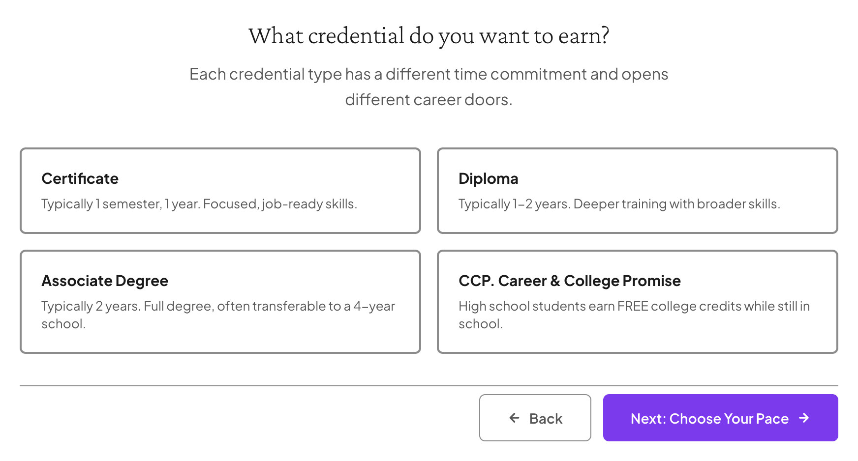 Compass asks what credential the student wants to earn, with choices for Certificate, Diploma, Associate Degree and Career and College Promise.