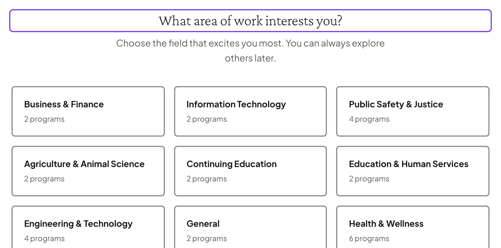 Compass asks what area of work interests the student, with choices such as Business and Finance, Information Technology and Health and Wellness.