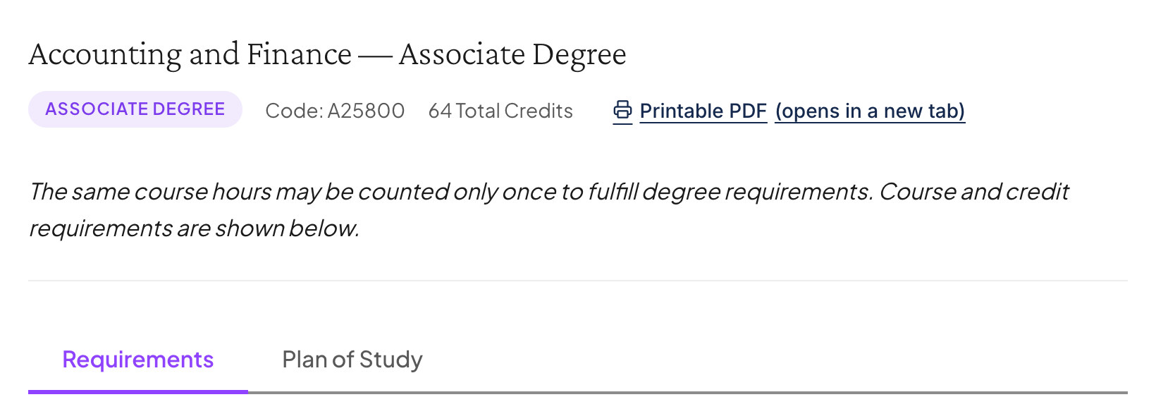 A credential page for the Accounting and Finance Associate Degree, with its code A25800, 64 total credits, a printable PDF and tabs for requirements and plan of study.