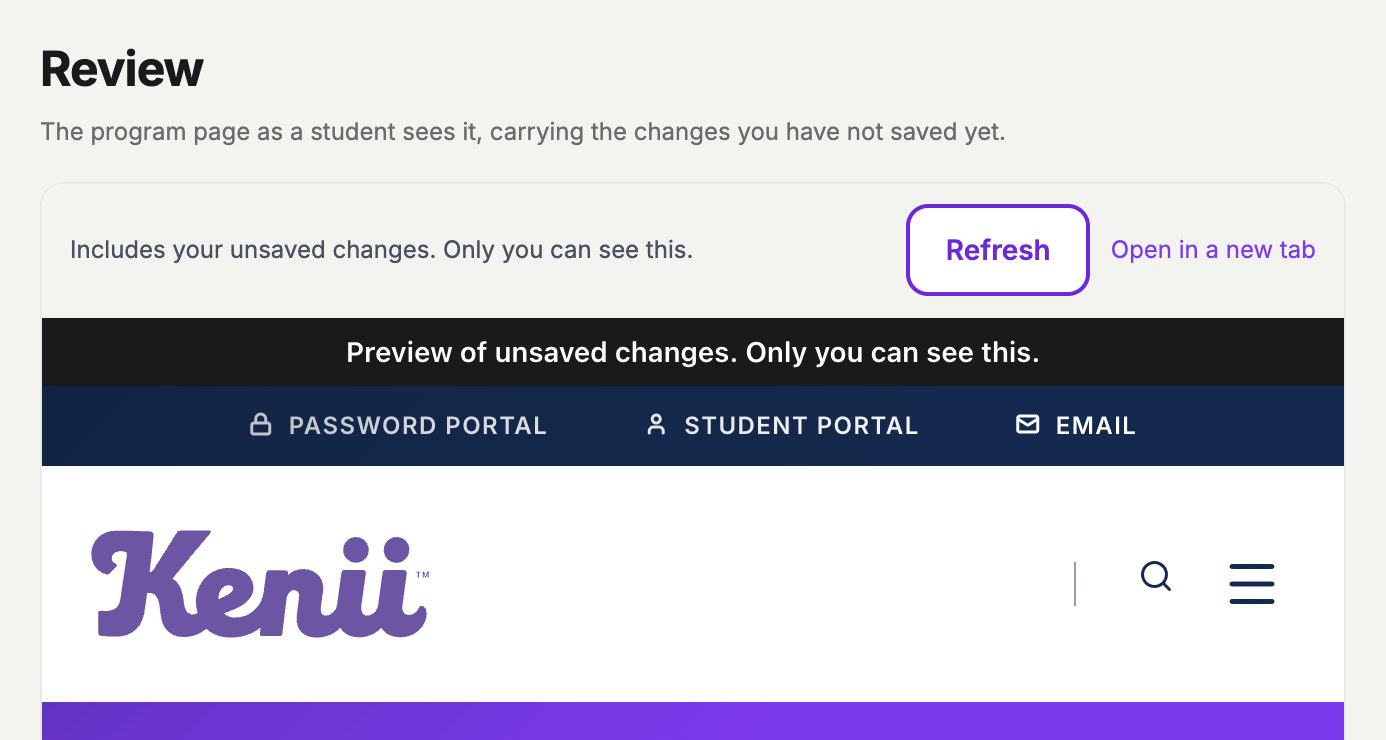 Kenii program editor Review tab, previewing the program page as a student will see it, including unsaved changes.