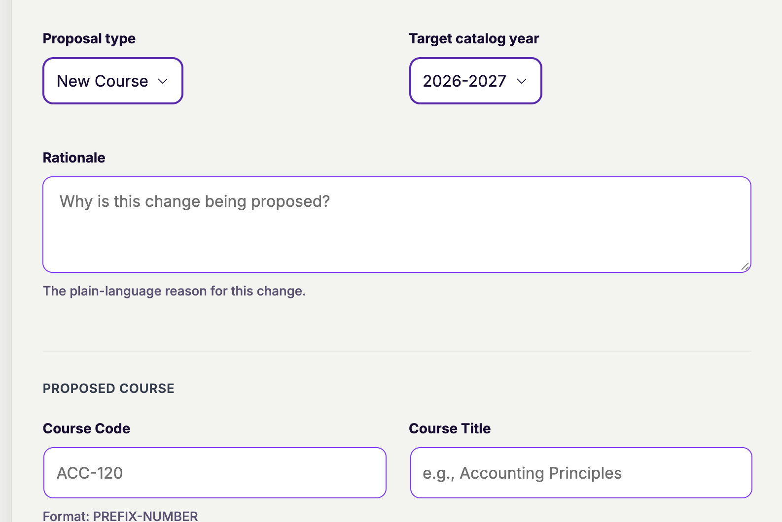 A new Kenii curriculum proposal with the proposal type, target catalog year, rationale and the proposed course code and title.