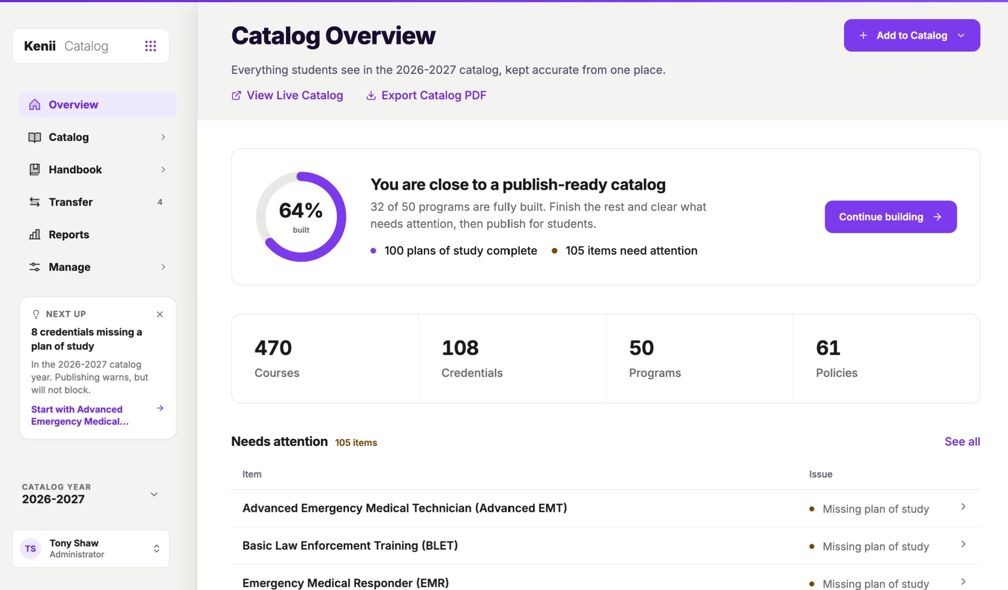 The Kenii Catalog overview. As you scroll, the pointer opens the app switcher and moves to Kenii Pathways, whose overview shows career and transfer data completeness.